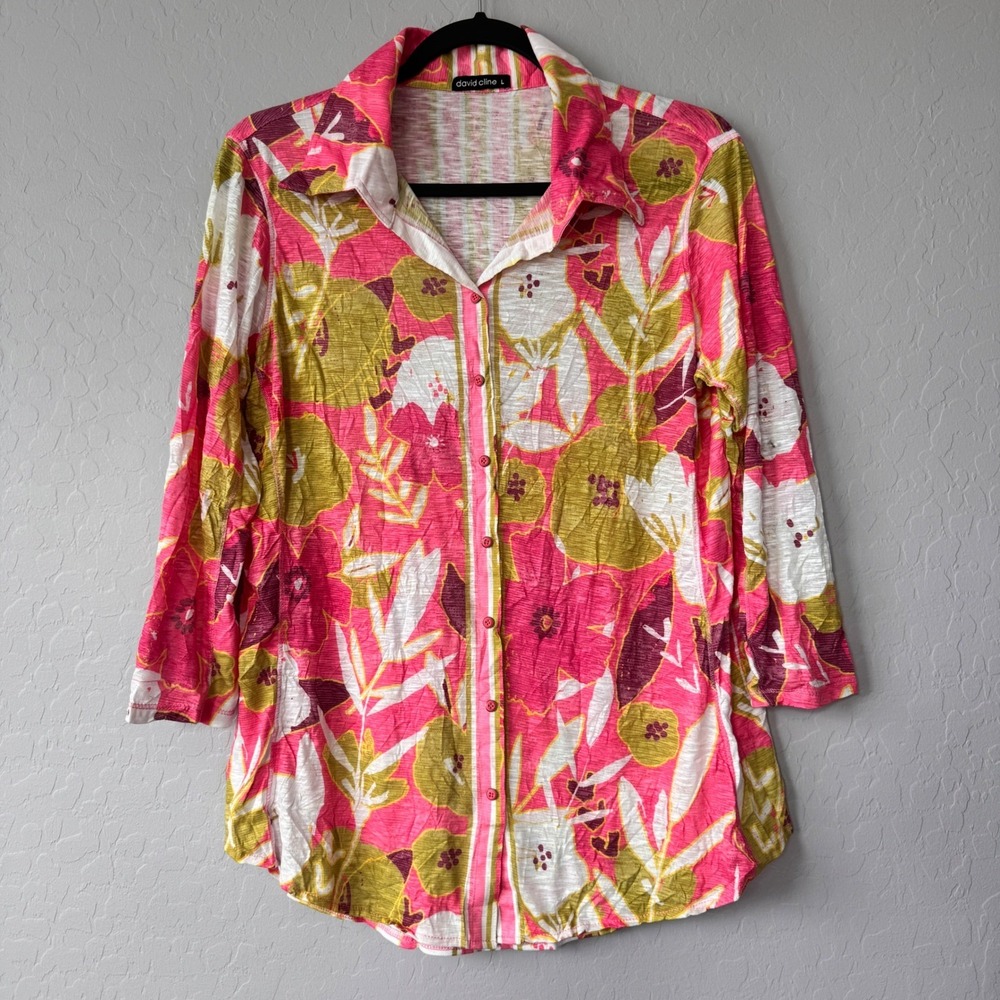 David Cline Large Floral Print Button Up Tunic Shirt 3/4 Sleeve Pink Green